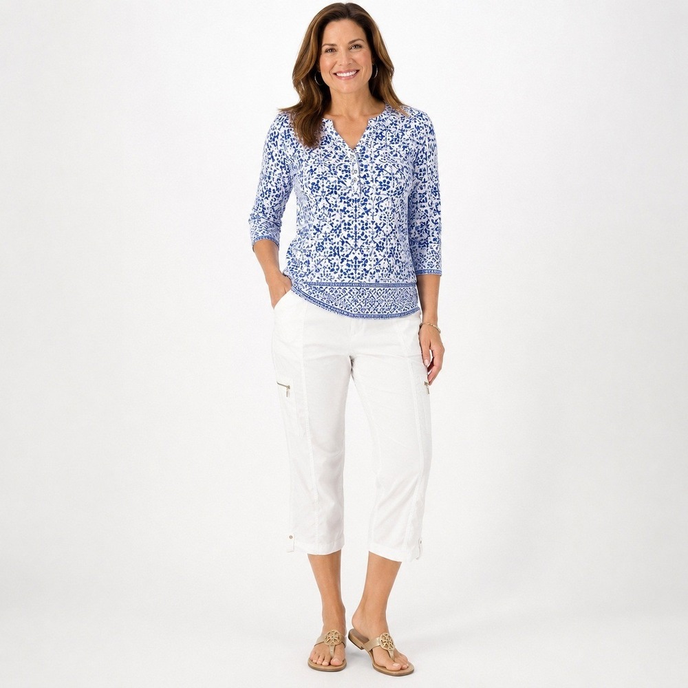 Chicos White Cargo Capri Pants‎ Sz 14 Large Zip Pocket Travel Resort Coastal